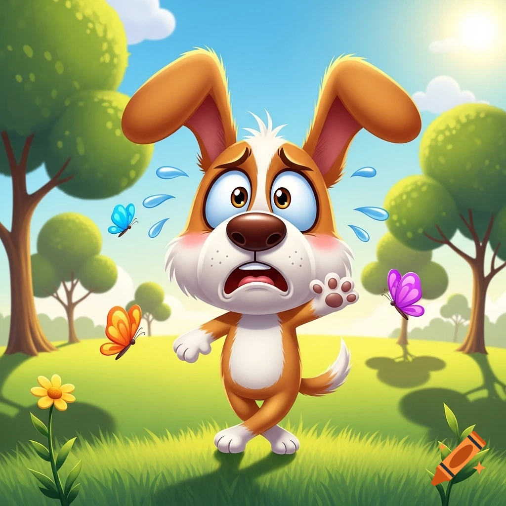 A scared, brown and white cartoon dog with wide eyes and sweat drops, standing in a green field with butterflies and trees.