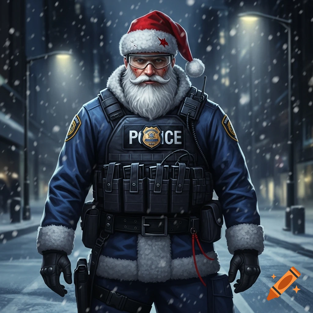 A stern Santa Claus, with a white beard and safety glasses, wears a blue police uniform, tactical vest with 'POLICE' text, and a red Santa hat, standing in a snowy street at night.