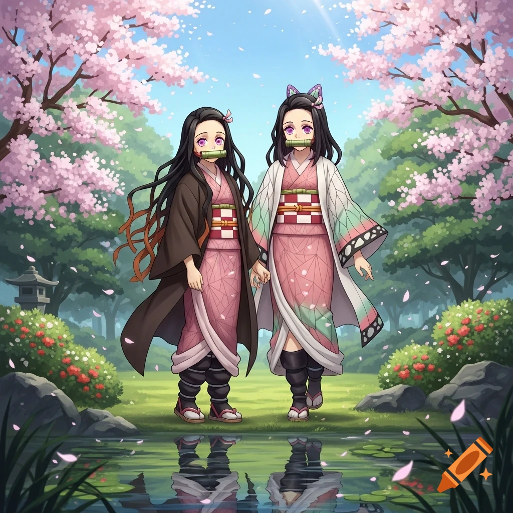 Two anime girls in kimonos holding hands in a vibrant cherry blossom garden with a reflective pond.
