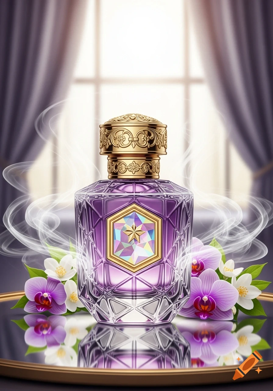 Luxury purple perfume bottle with gold cap and star label, surrounded by orchids and jasmine, on a reflective surface.