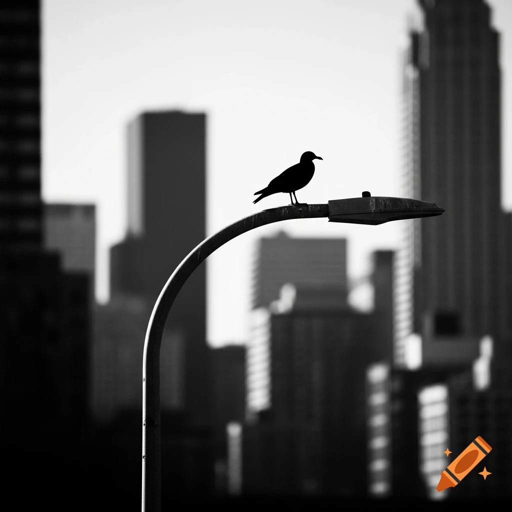 A high-contrast black and white minimalist photo of a bird silhouette perched on a street lamp with blurred city buildings.