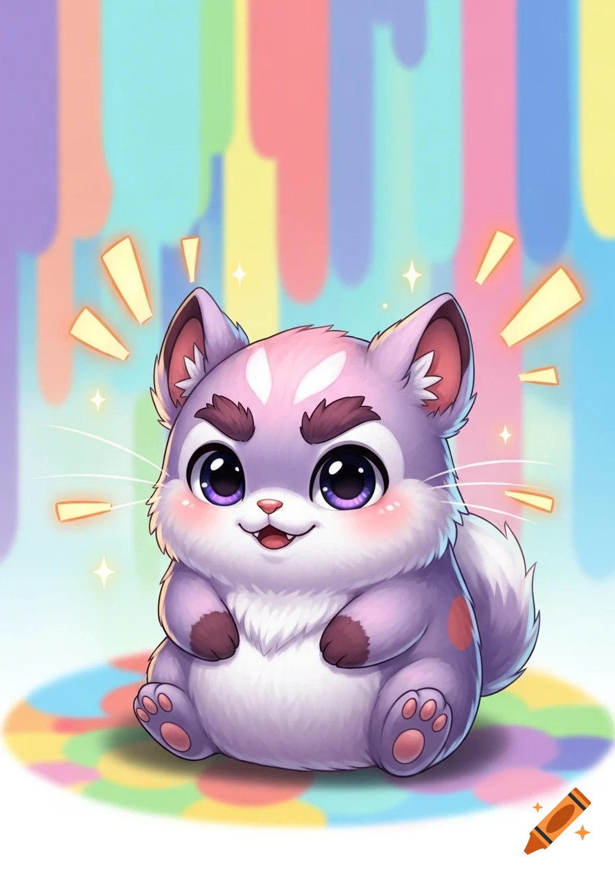 A cute, plump, purple and white cartoon creature with large eyes and distinct eyebrows smiles against a bright, colorful background.