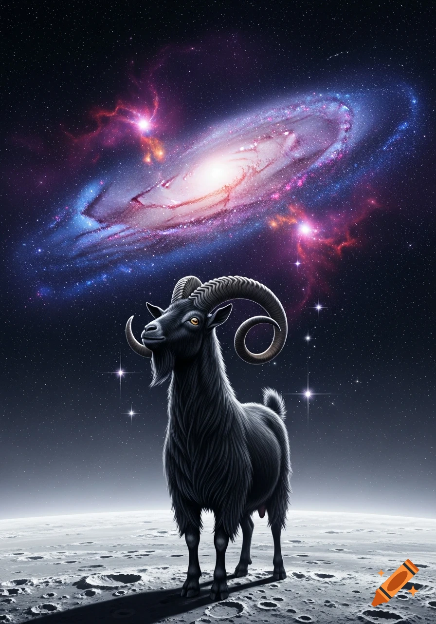 A black goat with spiral horns stands on the moon, gazing at a vibrant ...