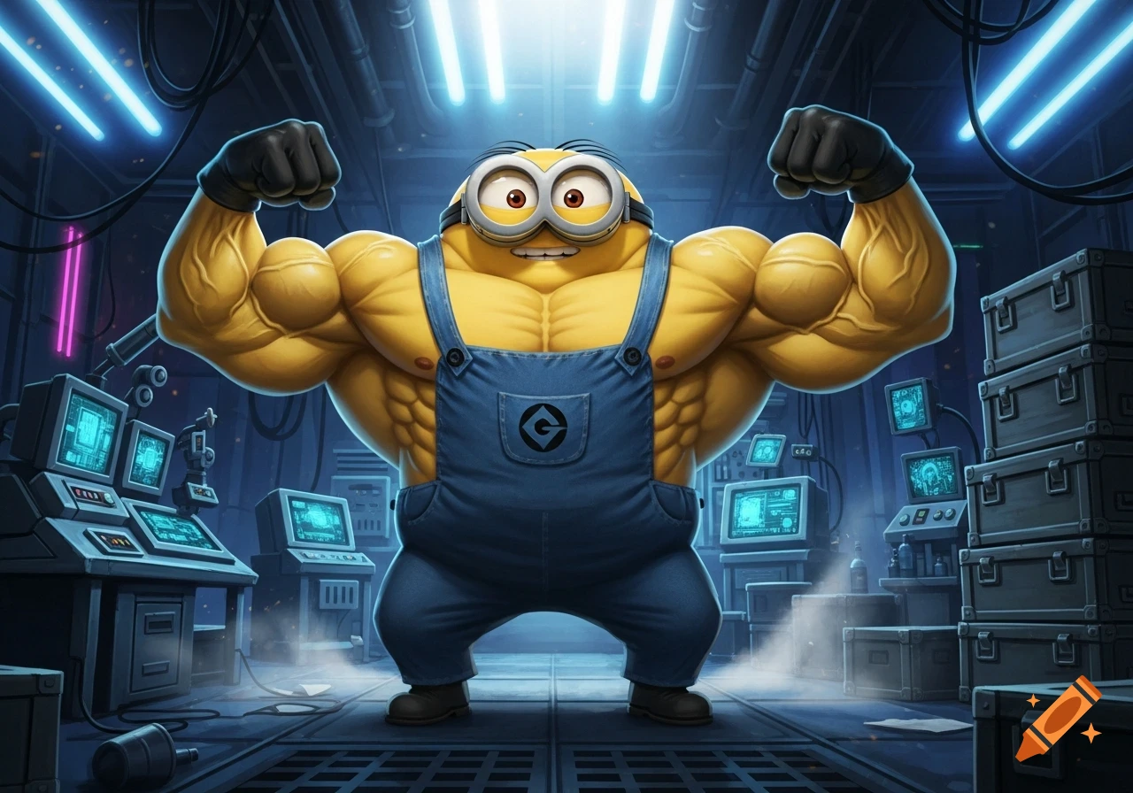 A massively muscular Minion in blue overalls with a 'G' logo, flexing its arms in a neon-lit futuristic lab.