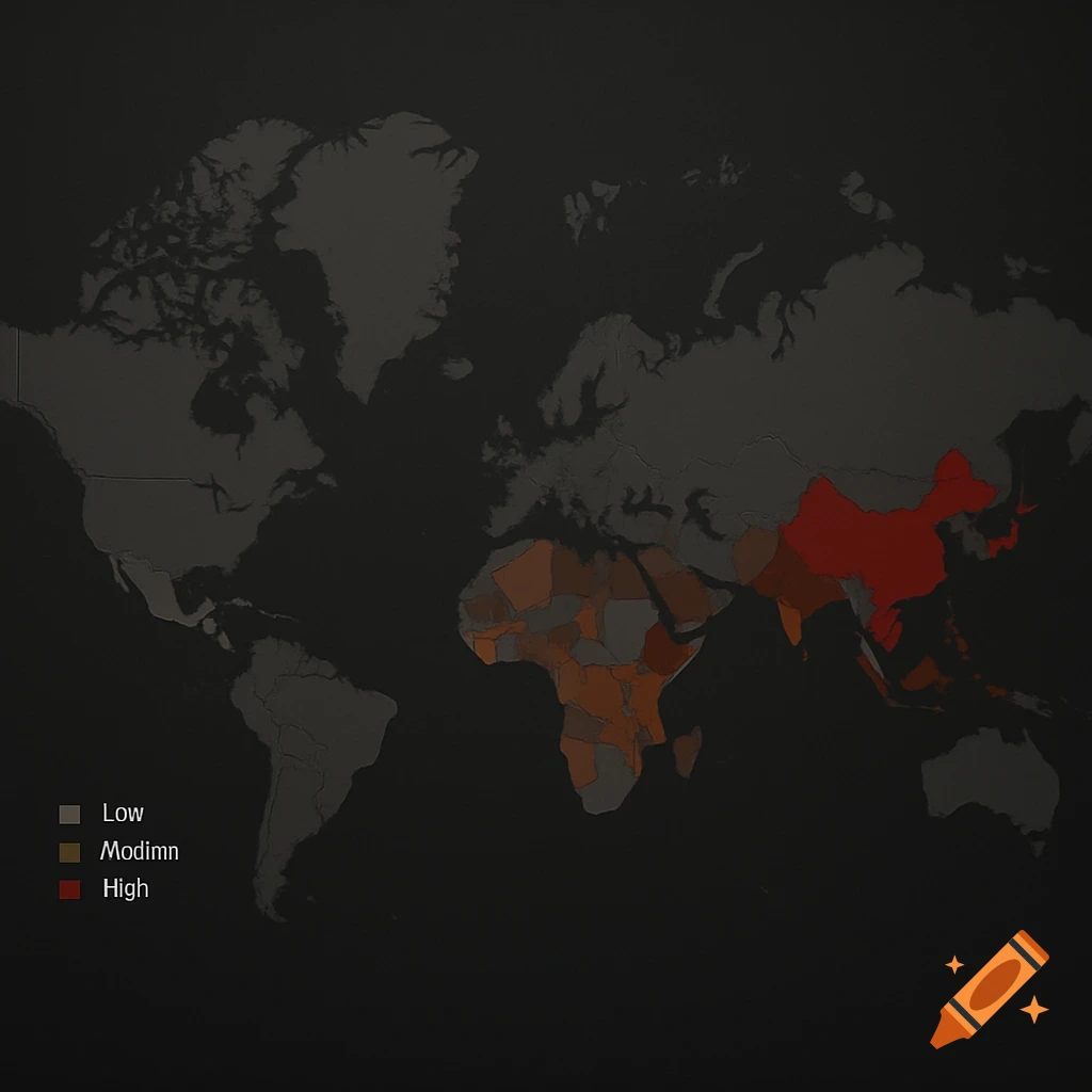A dark minimalist world map showing countries categorized by modern slavery rates with a legend.