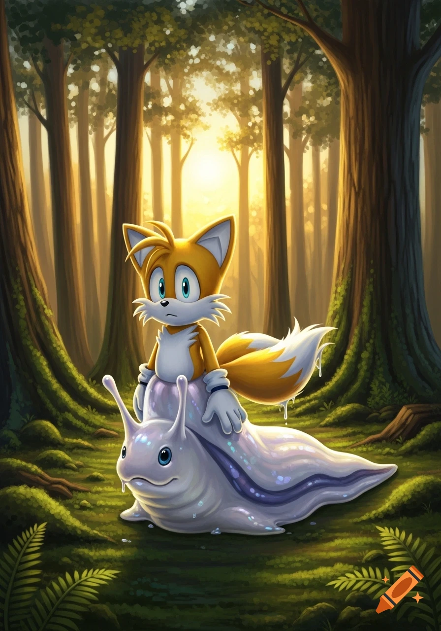 Tails the Fox sits on a large, white, slimy slug in a sunny, mystical forest.