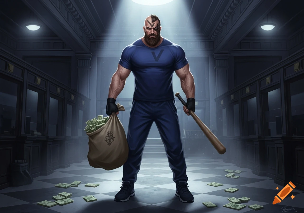 Muscular man with a beard and a 'V' symbol on his head and shirt, holding a bag of money and a baseball bat in a stylized bank vault with scattered cash.