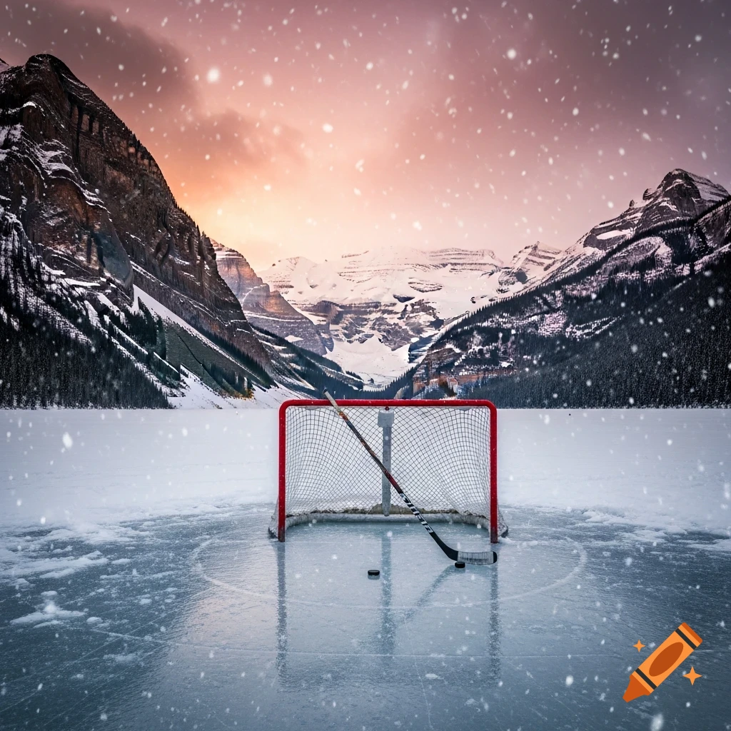 A photorealistic image of a hockey net and stick on a frozen lake with snow falling, surrounded by majestic snow-capped mountains under a sunset sky.