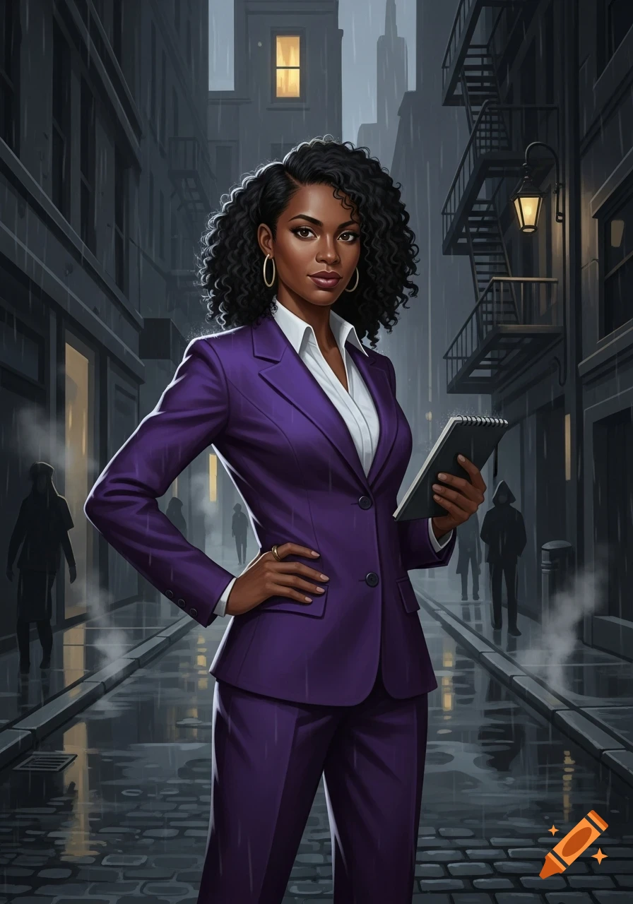 A stylish Black woman with curly hair in a purple suit stands confidently in a rainy city alley, holding a notebook.