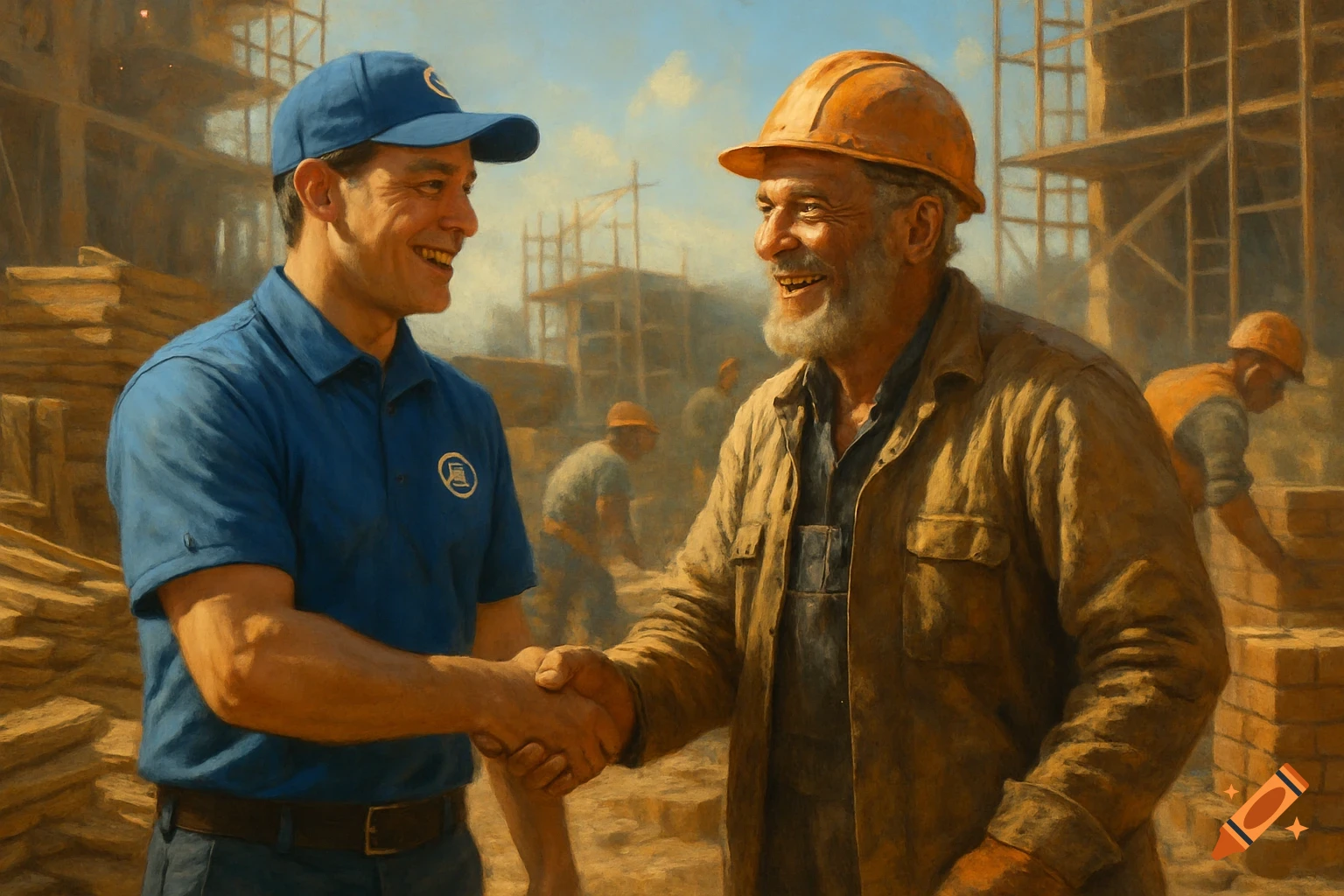 Two smiling men, one in a blue uniform and cap with a logo, and one in a hard hat, shake hands at a dusty construction site in a painterly style.