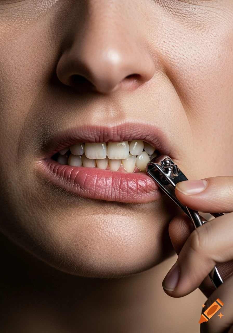 Close-up of a person's distressed lower face with a nail clipper at their mouth, photorealistic.