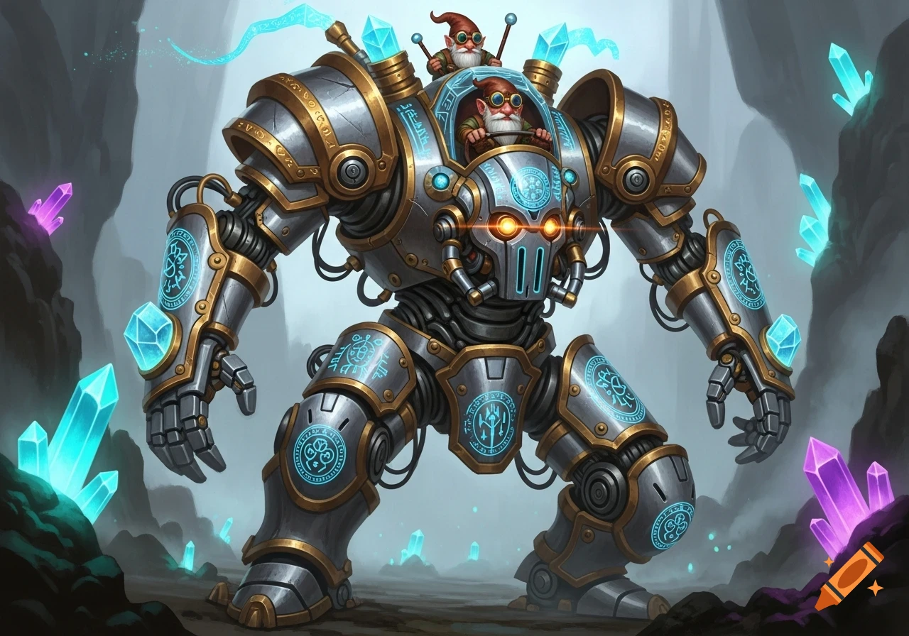 Two gnomes pilot a large, ornate silver and gold exosuit with glowing blue crystals and runes in a cavern filled with colorful crystals.