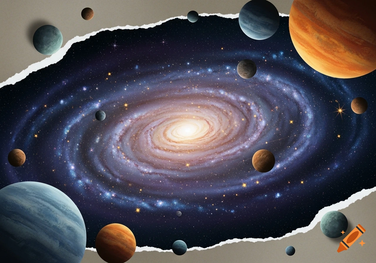 A vibrant spiral galaxy with scattered stars, framed by a torn paper edge revealing multiple planets floating in space.