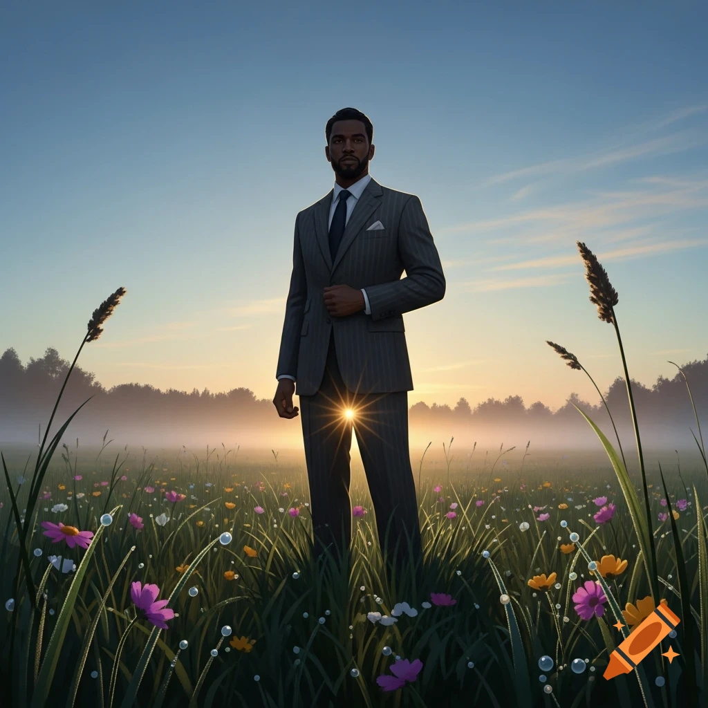 A man in a pinstriped suit stands in a field of wildflowers at sunrise, backlit by the golden sun.