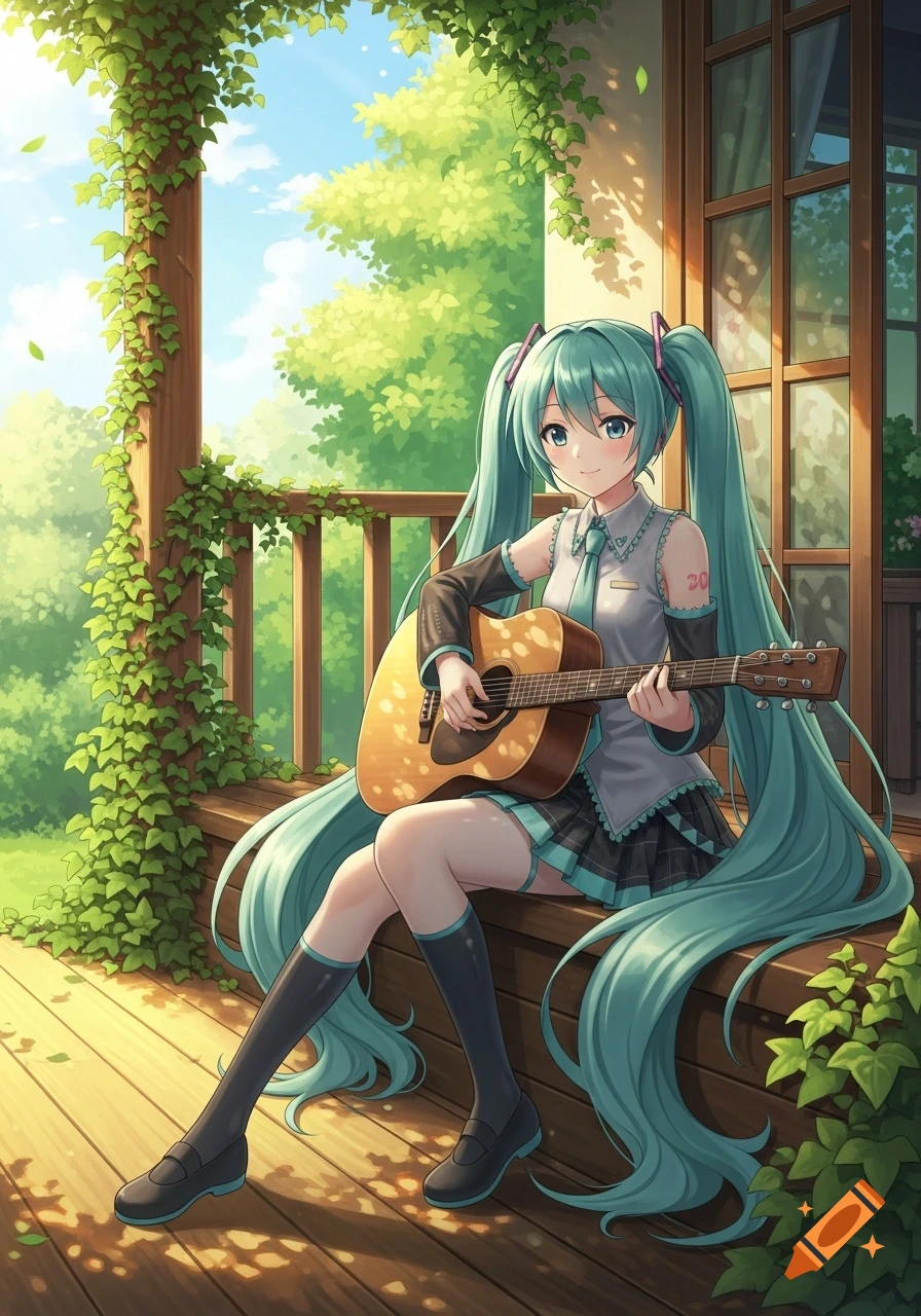 Hatsune Miku, an anime girl with long turquoise pigtails, sits on a wooden porch playing an acoustic guitar amidst lush green foliage.
