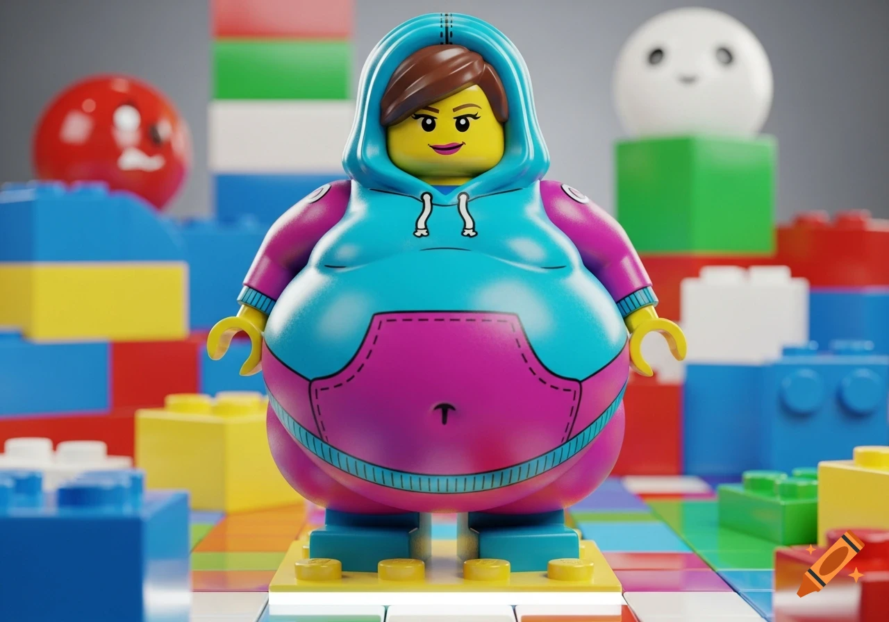 An inflated female Lego minifigure in a blue and pink hoodie stands on a Lego baseplate, surrounded by colorful Lego bricks.