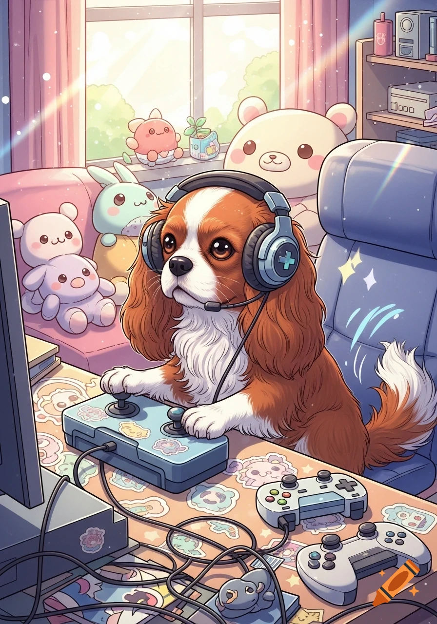 A cute manga-style Cavalier King Charles Spaniel dog wearing headphones, playing video games in a cozy room with plush toys.