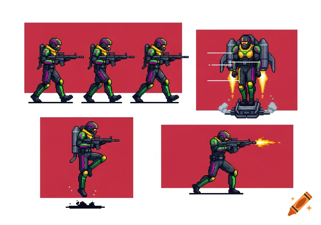 Pixel art sprite sheet of a soldier in black, yellow, purple, and green armor, shown walking, jumping, shooting, and using a jetpack.