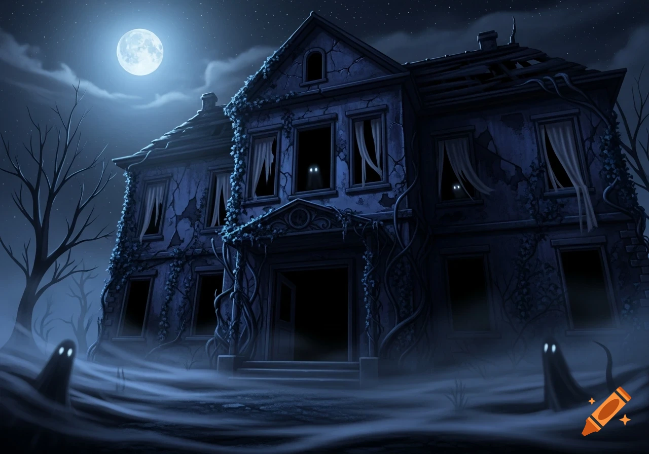 An abandoned, ivy-covered haunted mansion under a full moon, with glowing eyes in windows and mist-shrouded ghosts.