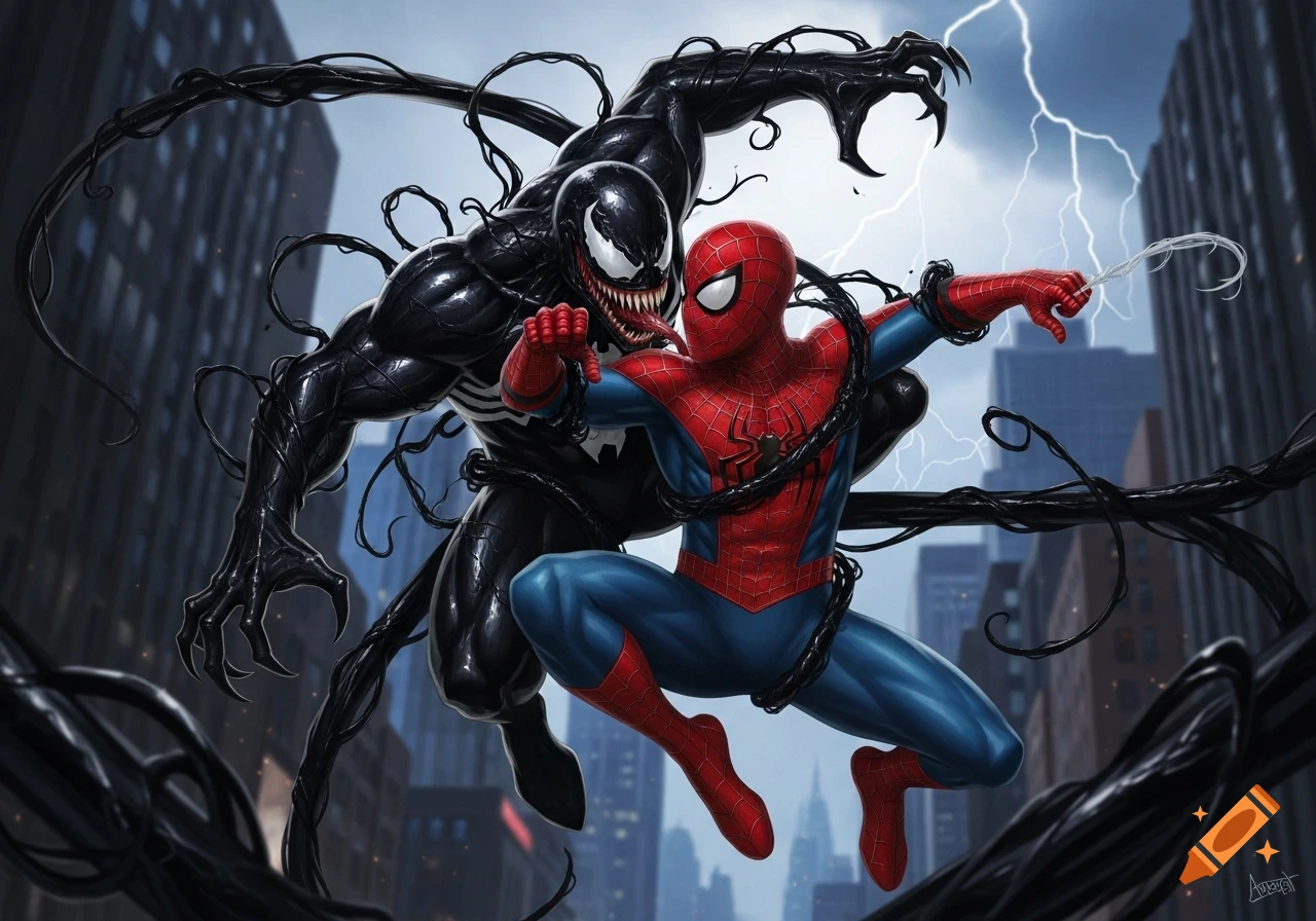 Dynamic comic book art of Venom's tendrils wrapping around Spider-Man against a city background with lightning.