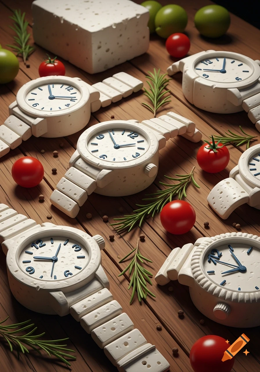 Several watches made of textured white feta cheese, with blue hands and numbers, scattered among cherry tomatoes, green olives, rosemary, and peppercorns on a wooden surface.
