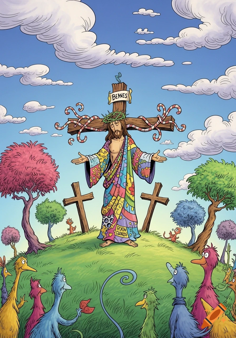 Dr. Seuss-style illustration of Jesus on a cross, wearing a colorful patchwork robe, observed by whimsical bird creatures on a grassy hill.