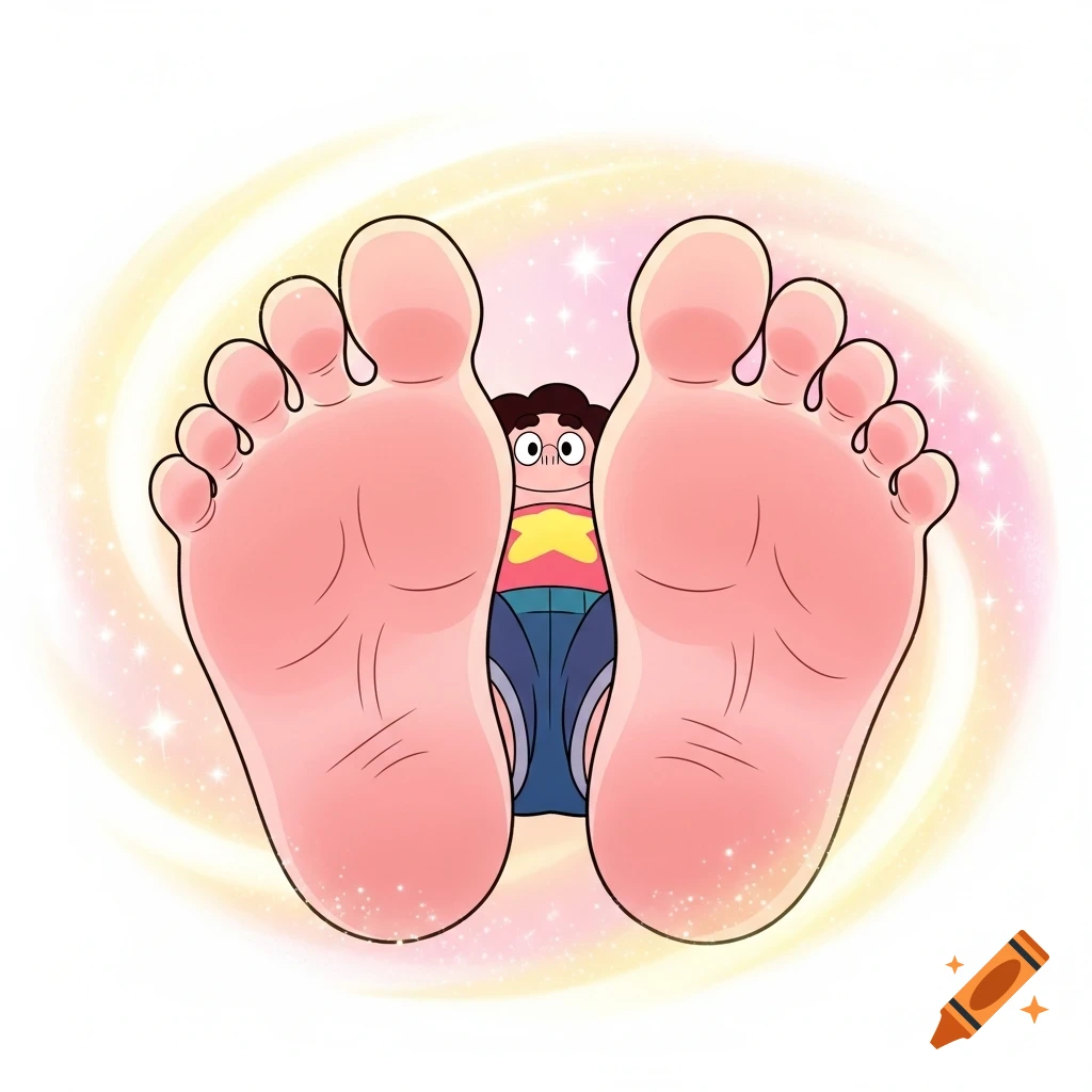 Cartoon close-up of Steven Universe's large bare feet soles with him peeking from behind them, on a sparkly background.