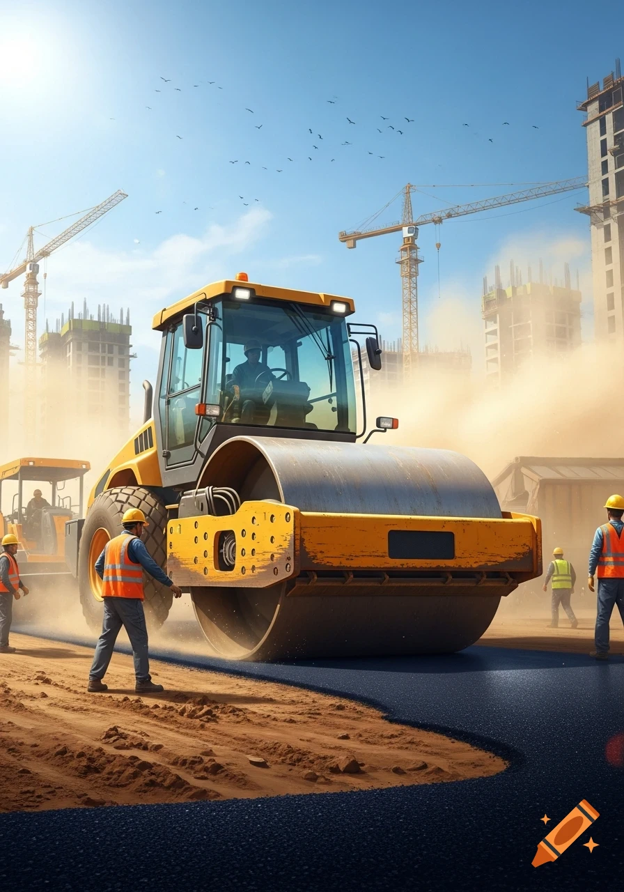 A large yellow road roller paves asphalt at a dusty construction site with workers, cranes, and buildings under a sunny sky.