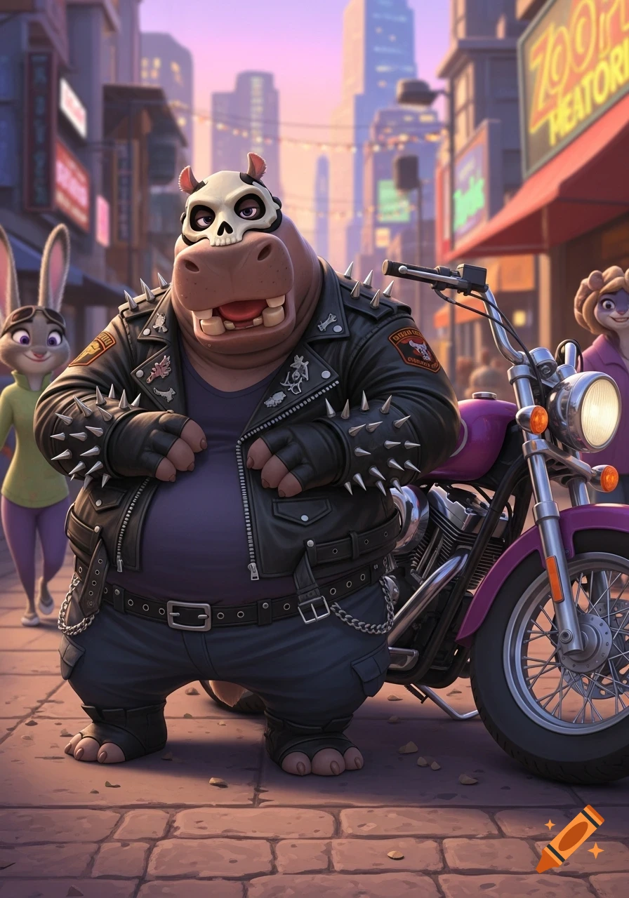 A cartoon anthropomorphic hippo wearing a skull mask and a spiked leather biker jacket stands next to a purple motorcycle on a city street, with a rabbit character in the background.