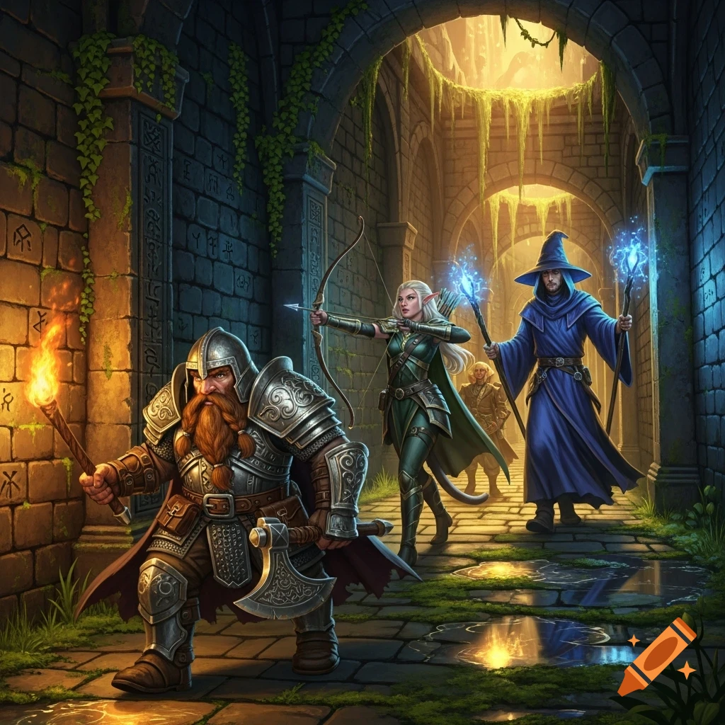 A dwarf warrior, an elf archer, and a human wizard explore a dark, ancient stone labyrinth lit by torchlight and magic.