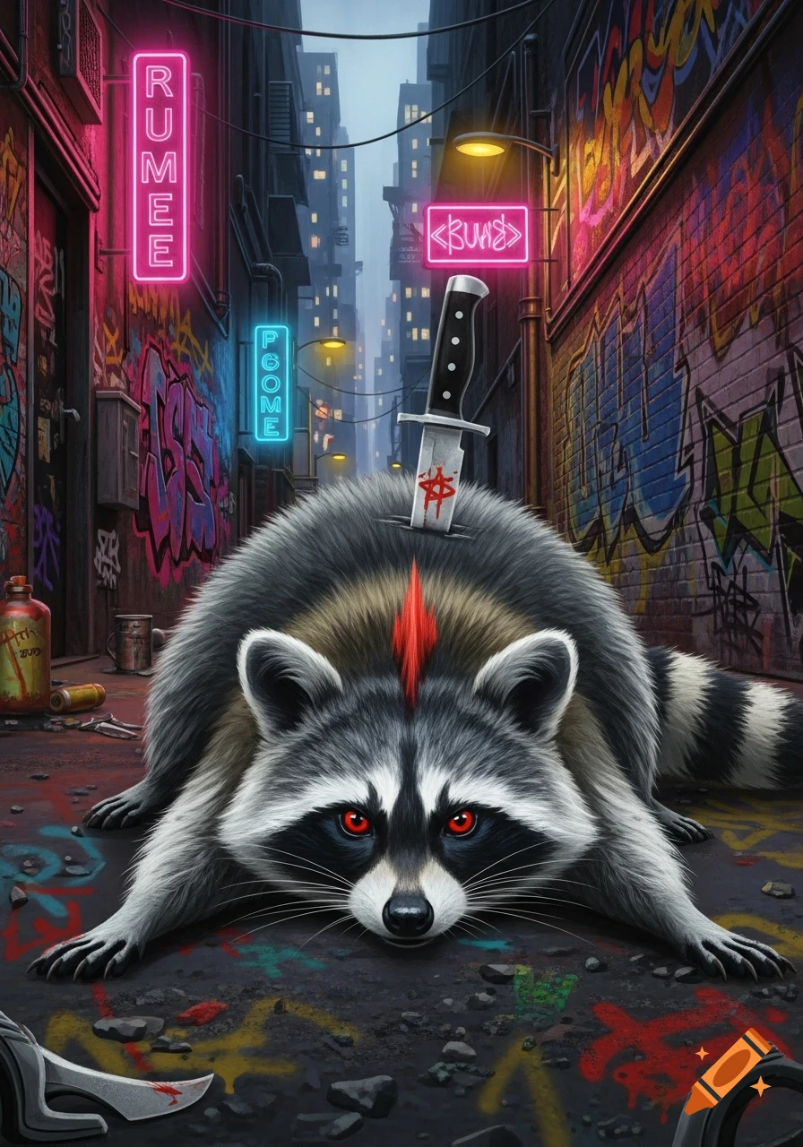 A stylized raccoon with glowing red eyes and a knife in its back lies in a gritty, neon-lit alleyway covered in graffiti, in a punk rock art style.