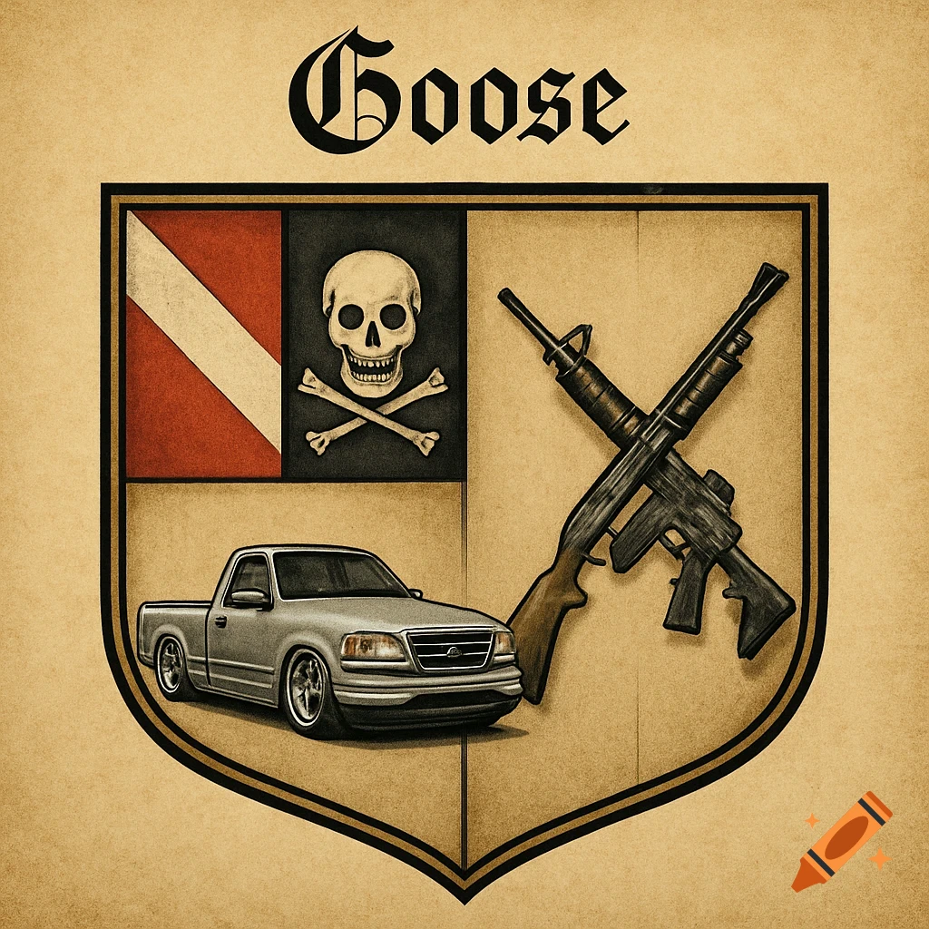 A coat of arms with 'Goose' text, featuring a diver-down/Jolly Roger flag, a lowered pickup truck, and crossed rifles.