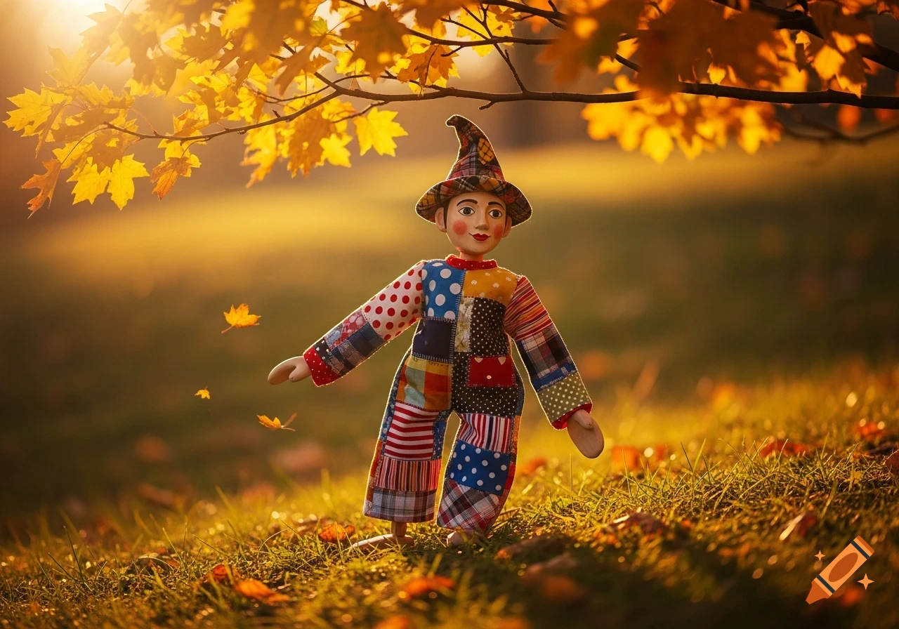A patchwork doll with a conical hat stands in a sunlit autumn park with golden leaves falling.