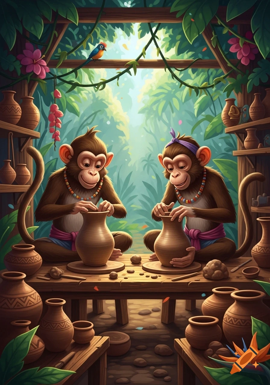 Two cartoon monkeys making pottery on a wooden table in a vibrant jungle setting.