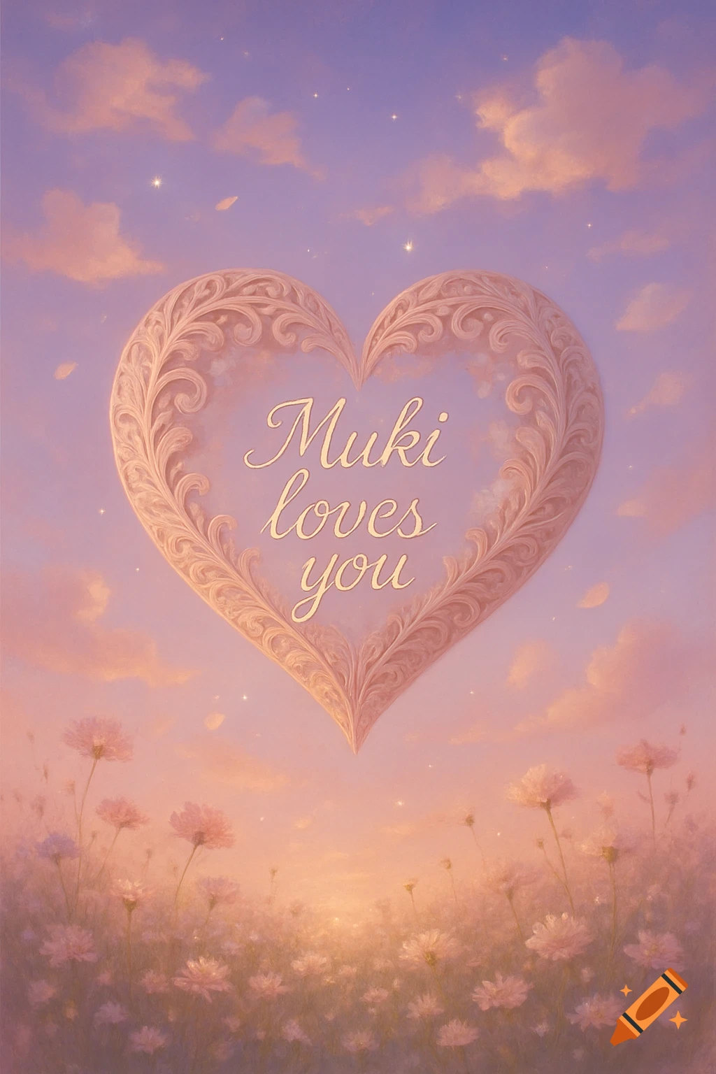 An ornate heart with "Muki loves you" floats in a pastel sky above a field of delicate pink flowers at sunset.