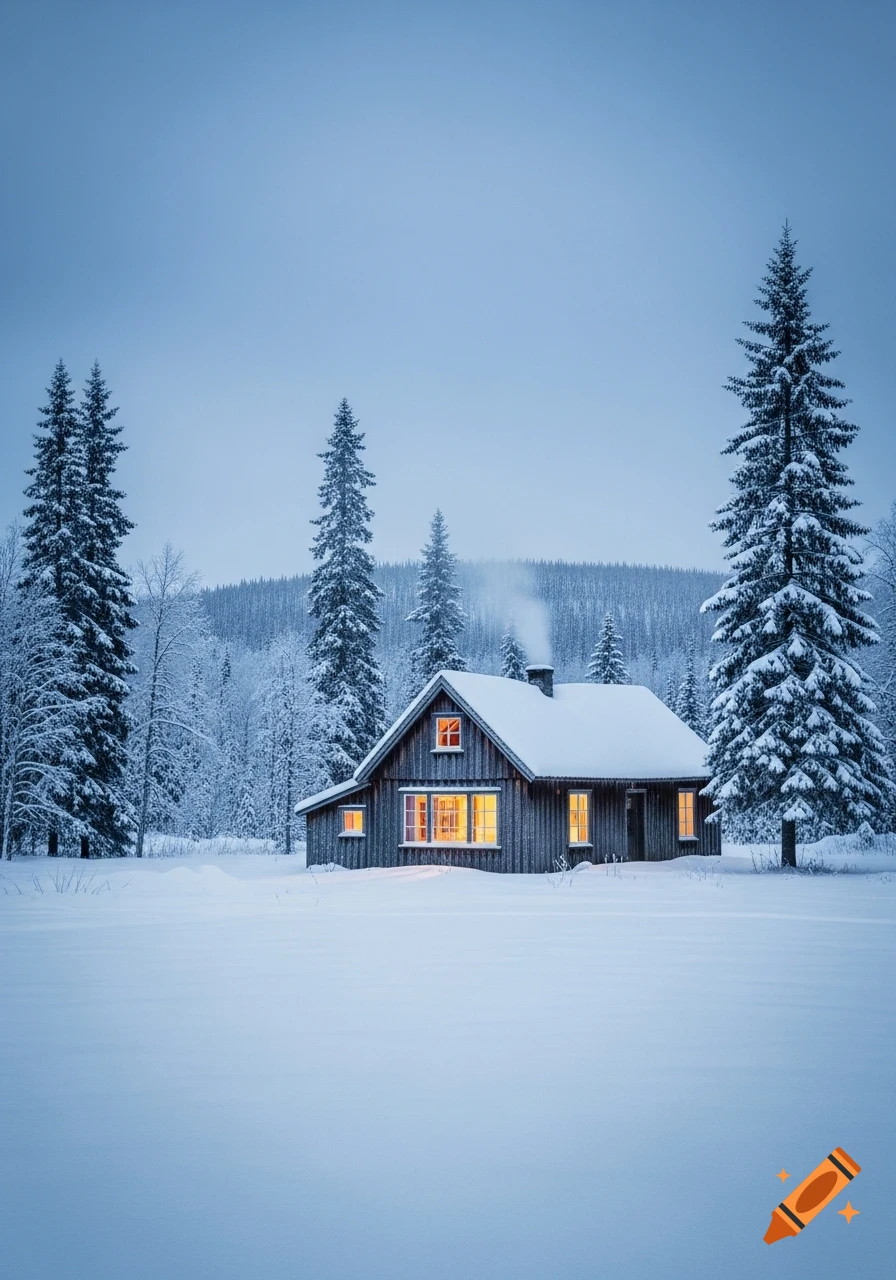 A cozy wooden cabin with glowing windows and smoke from the chimney, nestled in a snow-covered forest under a clear blue sky.