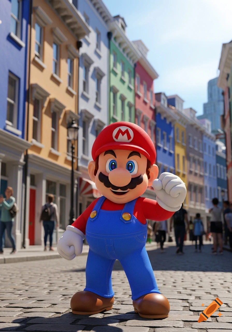 Mario stands on a cobblestone street in front of colorful European-style buildings, clenching his fist.