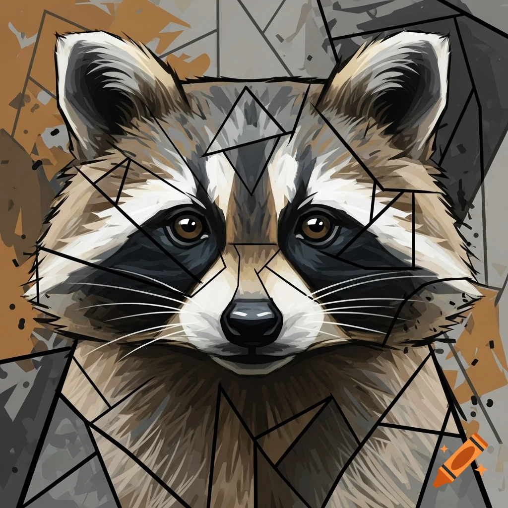 A close-up, stylized, cubist portrait of a raccoon's face with geometric shapes and earthy tones.