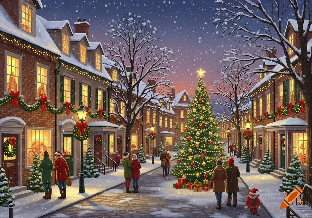 Illustrated snowy small town street at Christmas with decorated houses, an illuminated tree, falling snow, and people.
