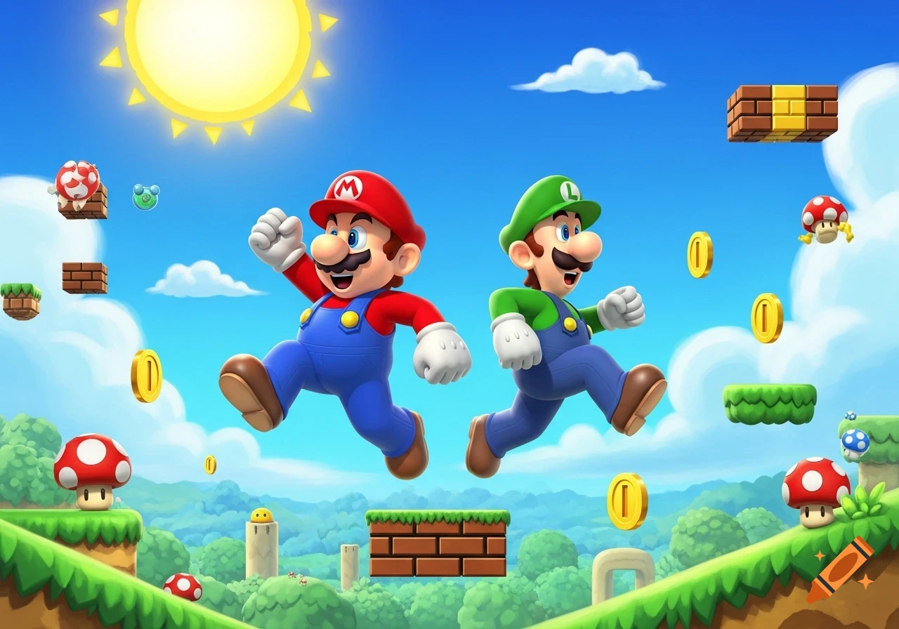 Mario and Luigi jump through a bright, cartoonish Super Mario Bros. level with coins, blocks, and mushrooms.