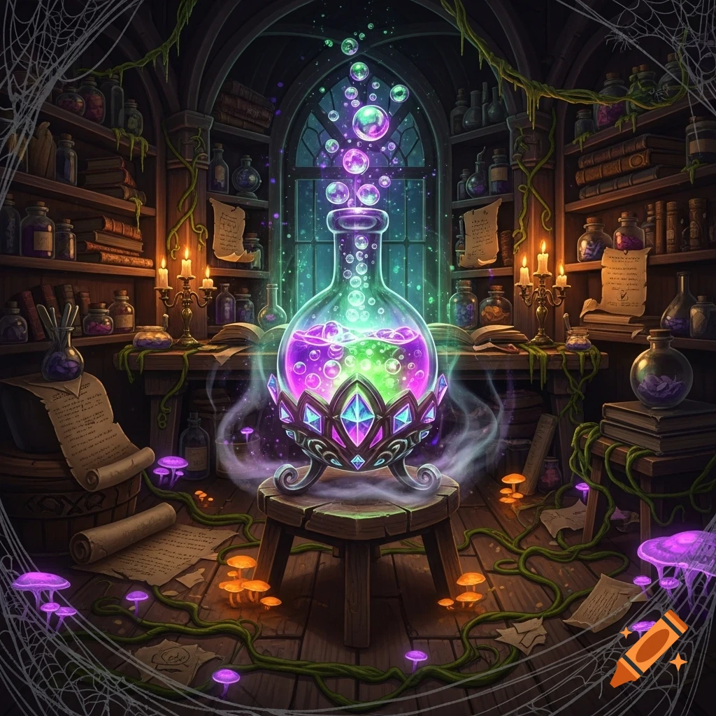 A glowing, ornate potion in a flask on a stool in a mystical wizard's laboratory with shelves of bottles, scrolls, and glowing mushrooms.