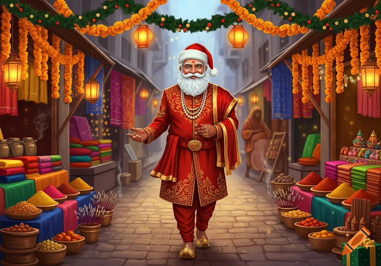Indian Santa Claus in traditional red and gold attire walks through a bustling, festive market decorated with garlands.