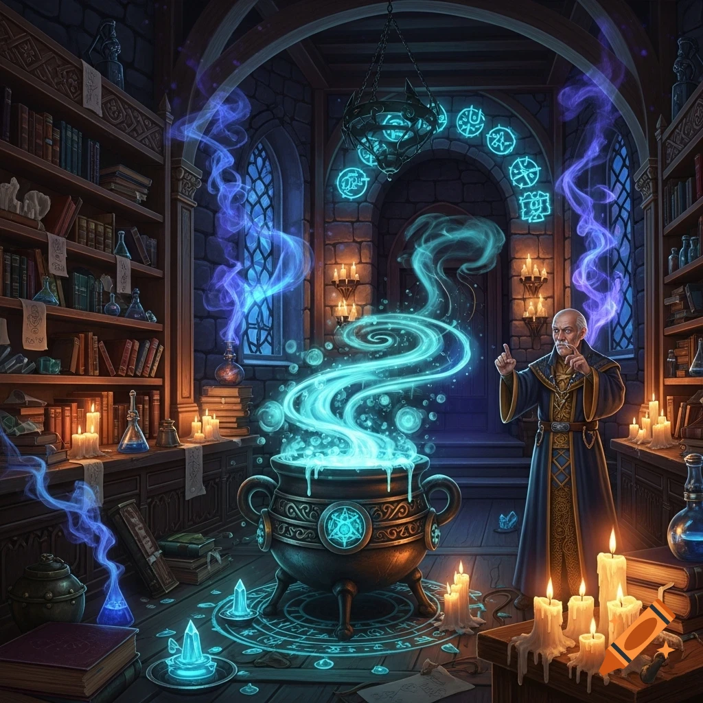 A wizard in a dimly lit, ancient stone laboratory conjures a glowing blue potion in a large cauldron, surrounded by books, candles, and arcane symbols.