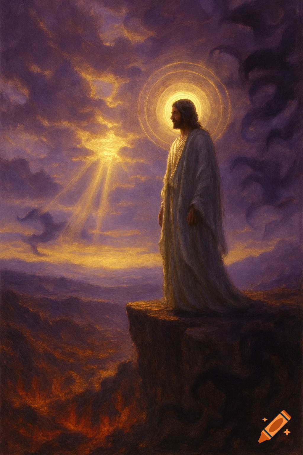 A painterly Jesus-like figure with a halo stands on a cliff overlooking a fiery landscape under a dramatic purple and gold sky.