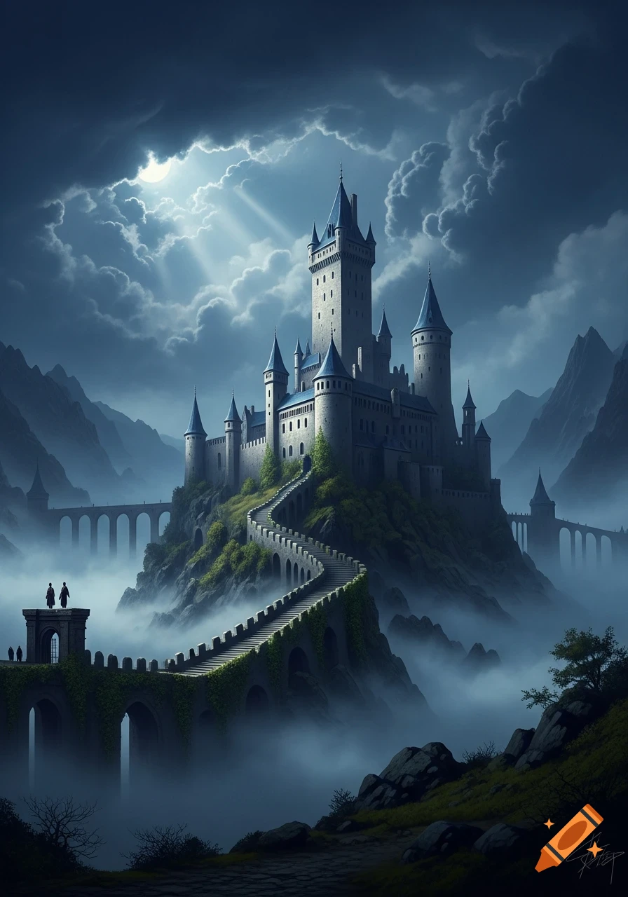 A grand fantasy castle with tall spires atop a misty mountain, connected by winding paths and bridges under a dramatic moonlit sky.