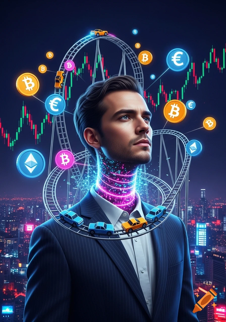 A man in a suit with a glowing, circuit-like neck featuring a rollercoaster track with toy cars, surrounded by crypto symbols and a city skyline.