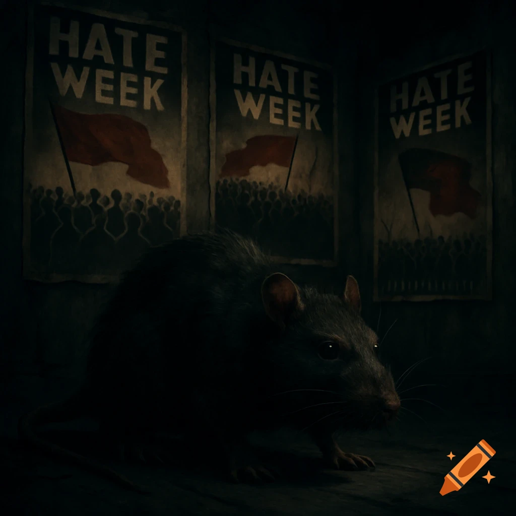 A menacing rat in a dark room with "HATE WEEK" propaganda posters showing marching crowds and red banners.