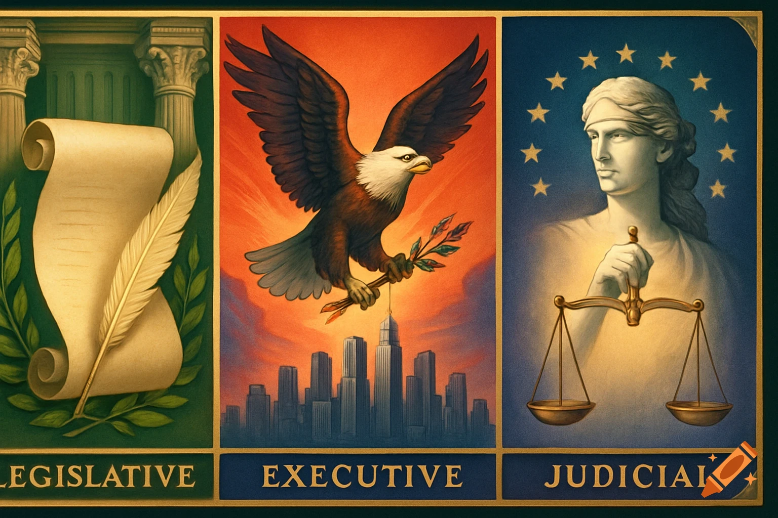 Three symbolic panels representing government branches: legislative (scroll), executive (eagle), judicial (Lady Justice).