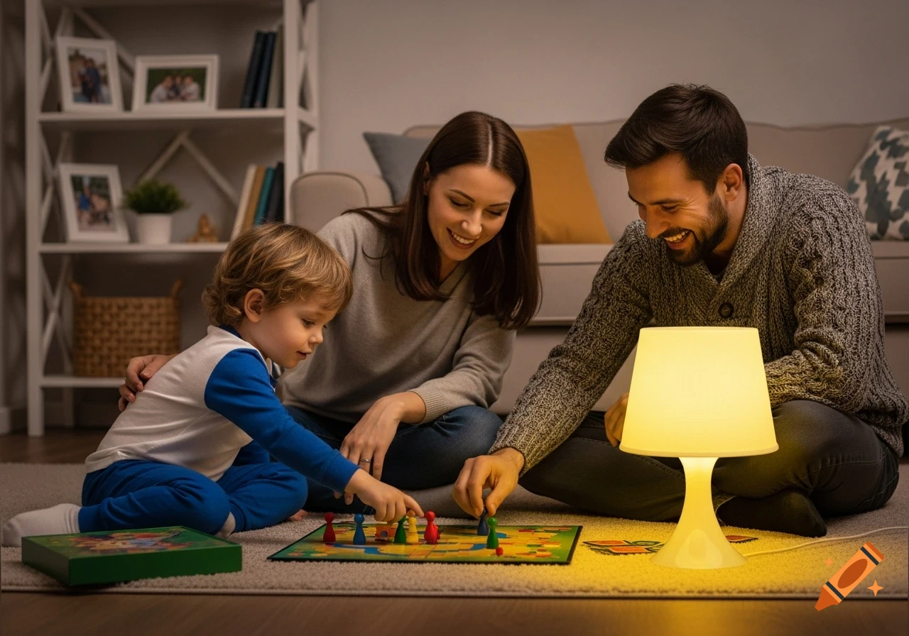 A smiling family of three, mother, father, and young son, playing a board game on the floor in a warm, dimly lit living room.