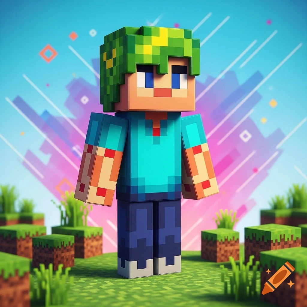 A blocky Minecraft-style character with green and yellow hair, a blue shirt, and blue pants stands on a grassy voxel landscape under a vibrant sky.
